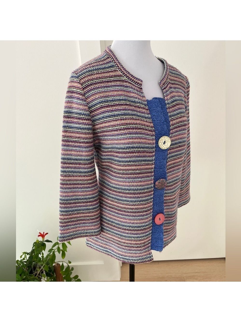 PER UNA Rainbow Striped Knit Short Cardigan Unique Buttons 3/4 Sleeve Artsy Chic